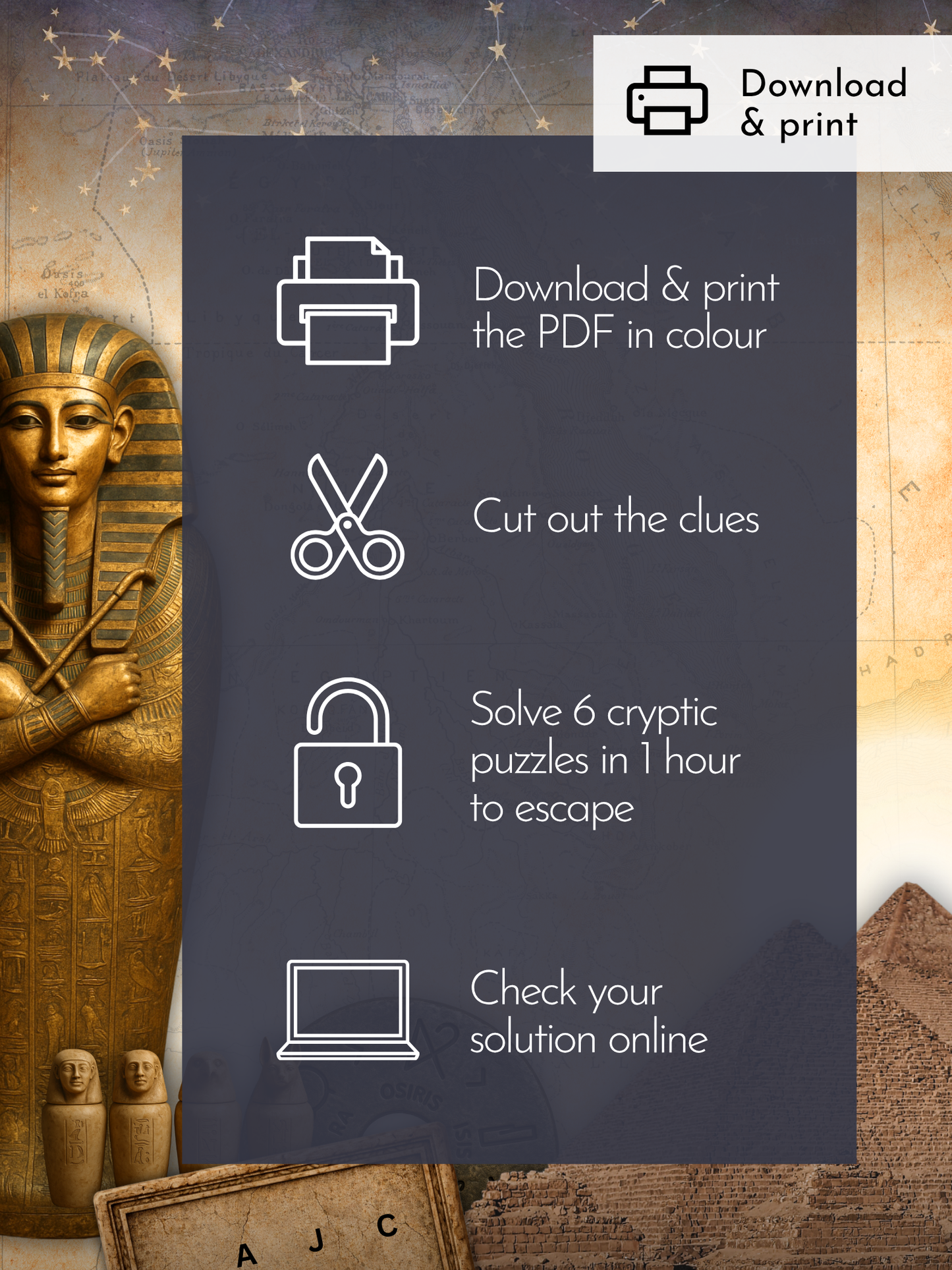 Ancient egypt escape room game materials