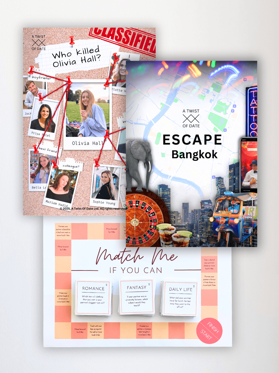 3 date night game covers - cold case file, escape room and board game