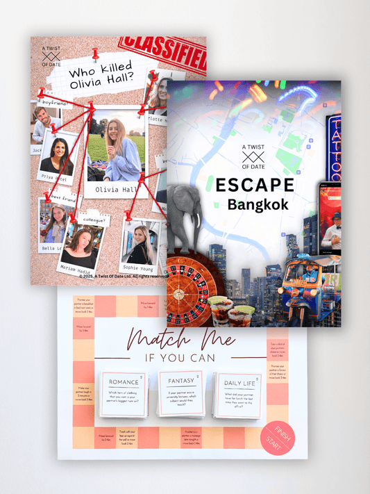 3 date night game covers - cold case file, escape room and board game