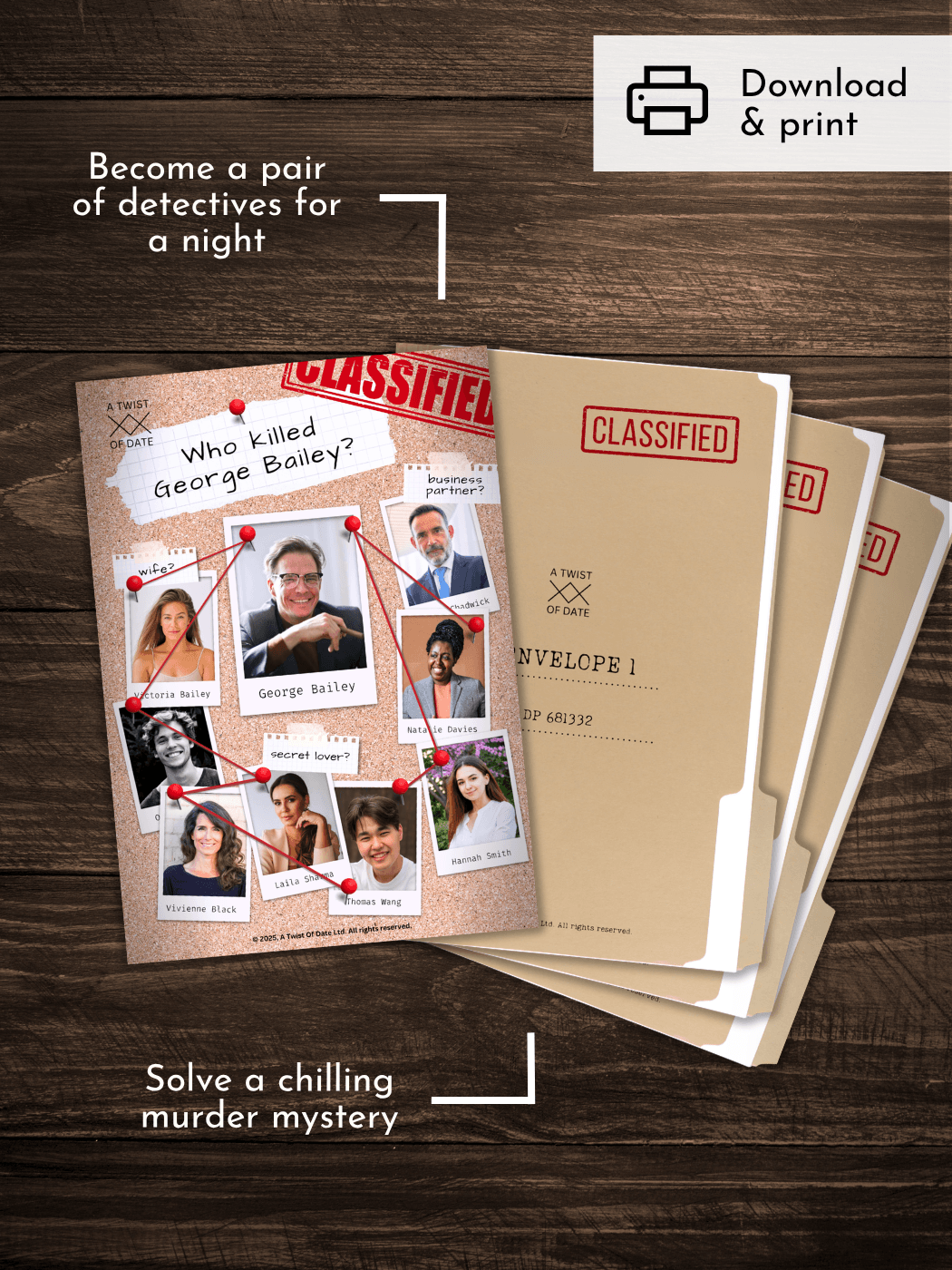 Cold case file game cover and 3 envelopes