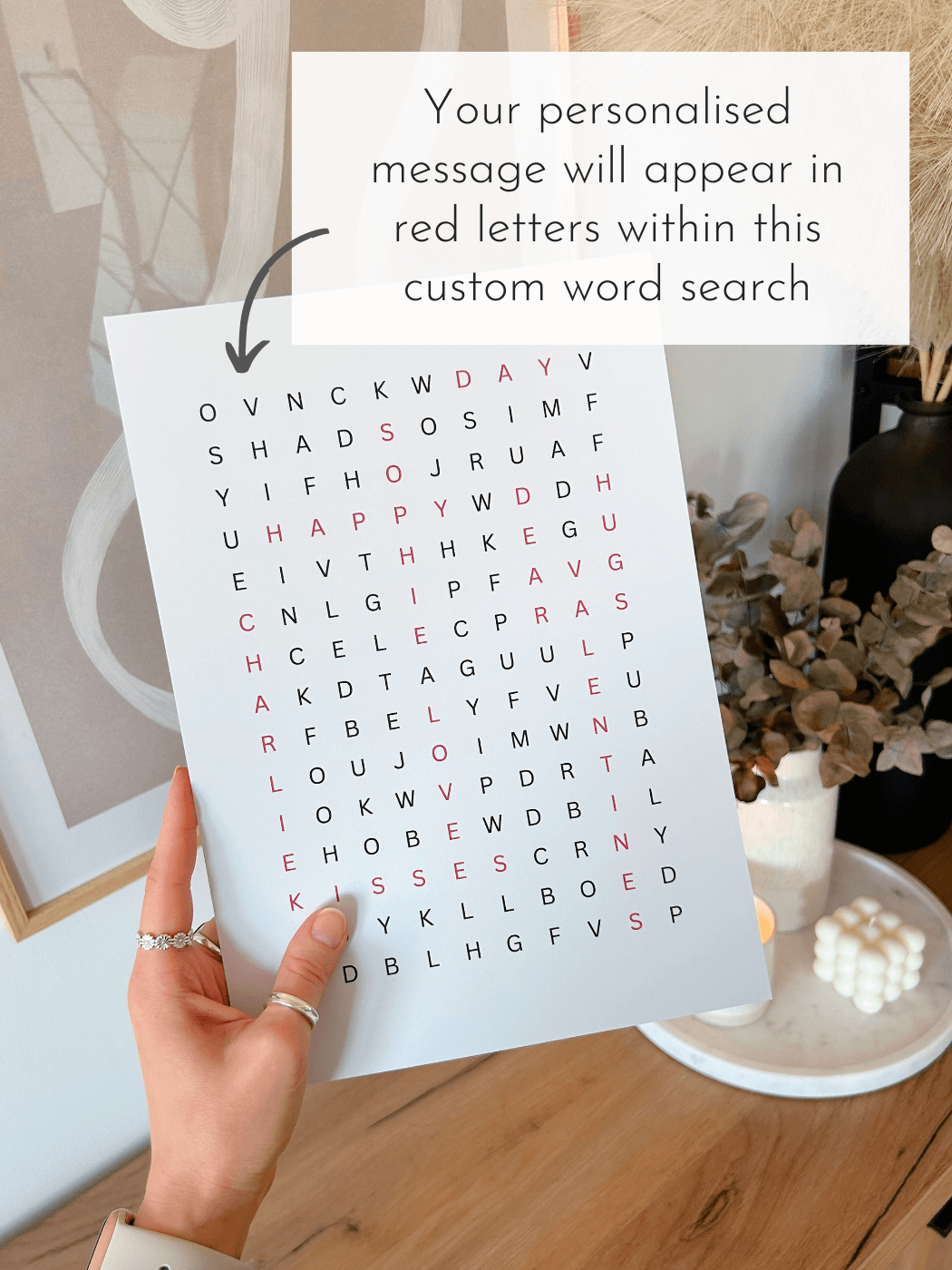 'Word Search' Personalised Printable Poster (black & red letters)