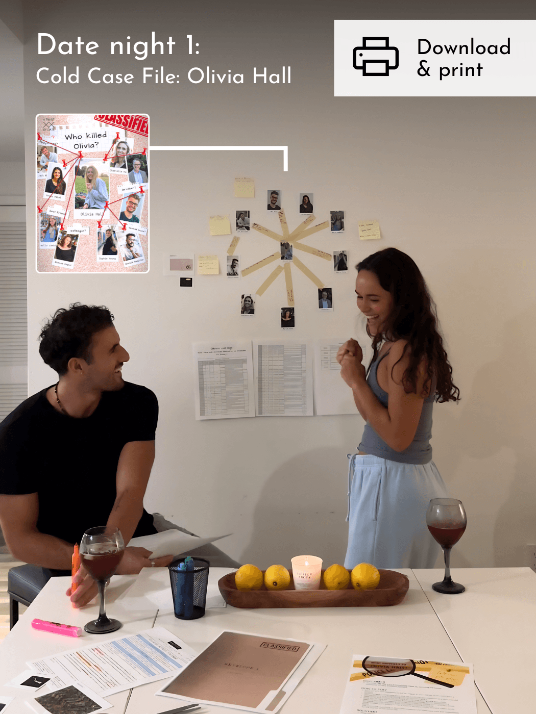 Couple playing murder mystery game
