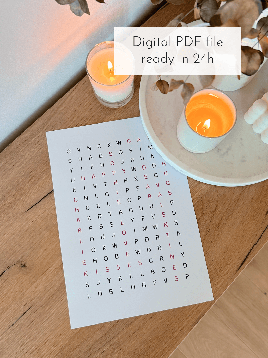 'Word Search' Personalised Printable Poster (black & red letters)