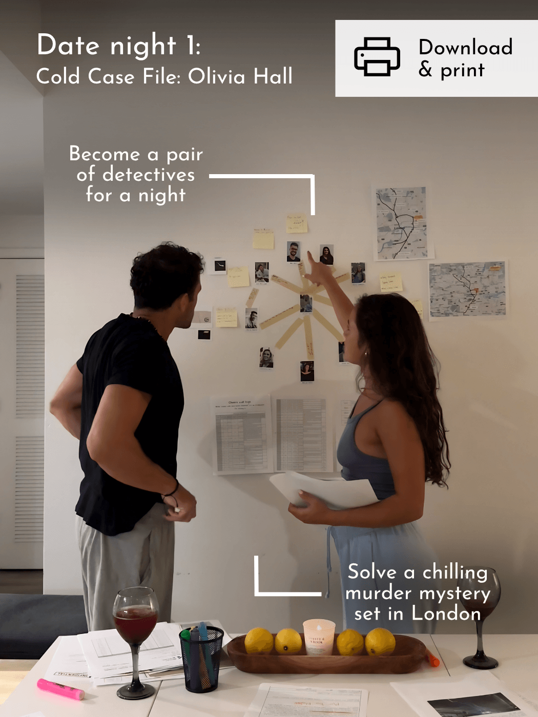 Couple playing murder mystery game