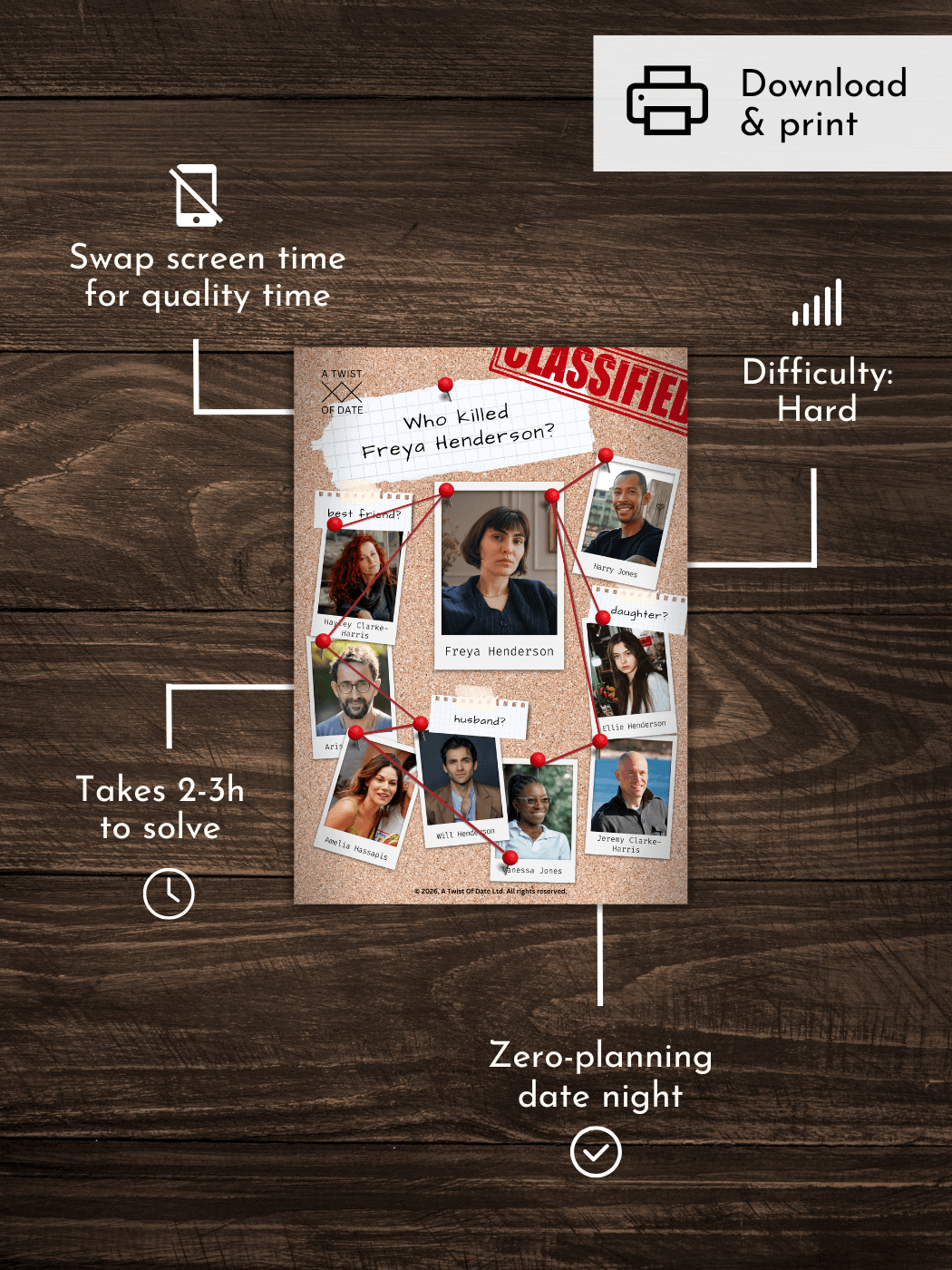 A digital product mockup showing a 'Classified' mystery date night game board on a dark wood background, surrounded by callout text and icons for features like download and print, swap screen time, difficulty level, and time-saving benefits.
