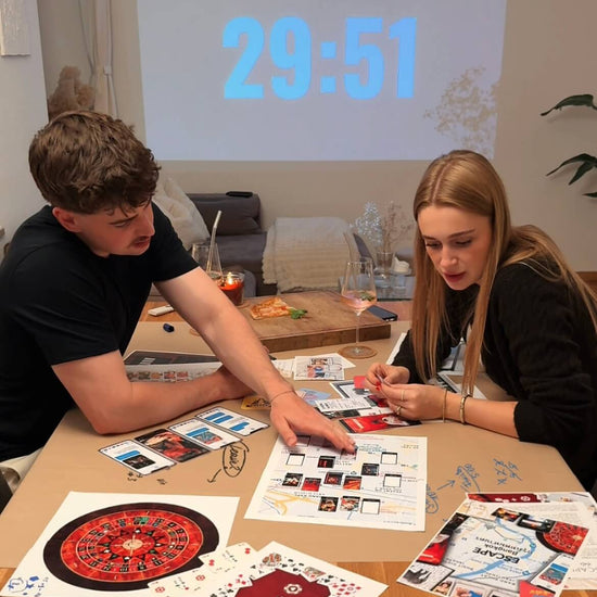 Couple solving escape room game