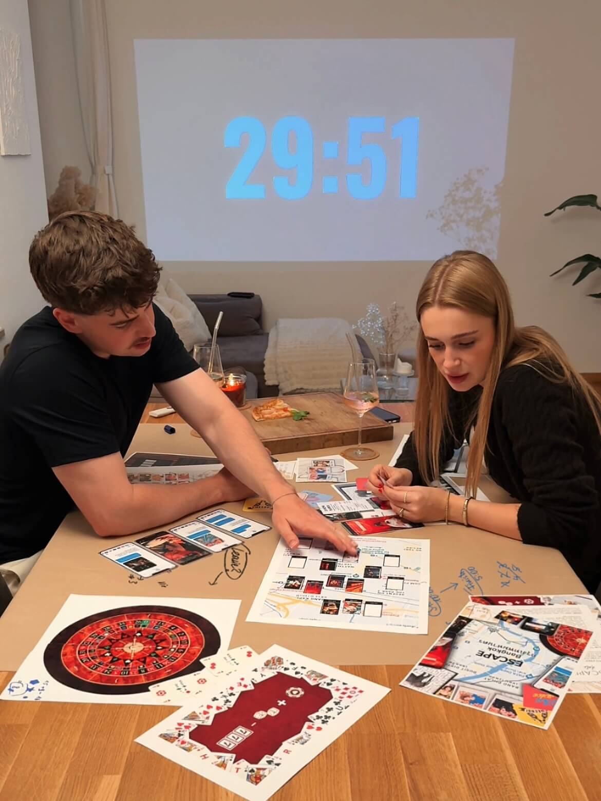 Couple solving escape room game